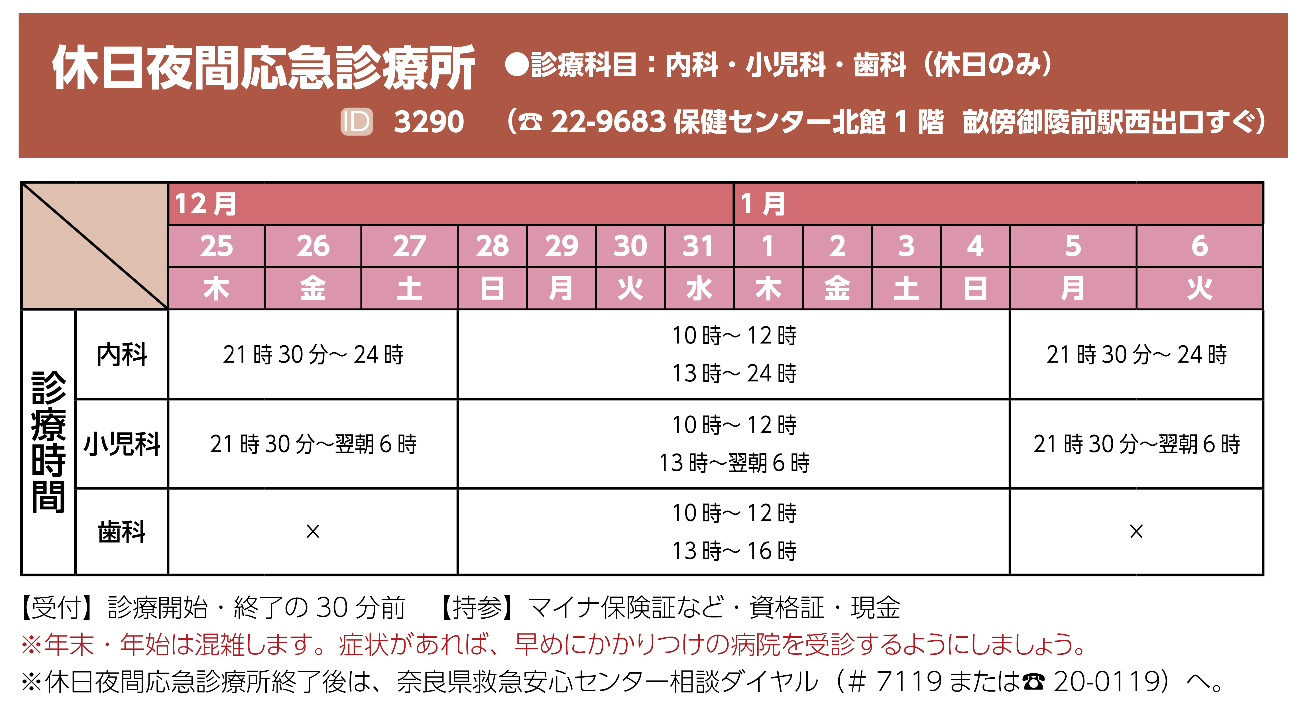 年末年始業務カレンダー(休日夜間応急診療所)
