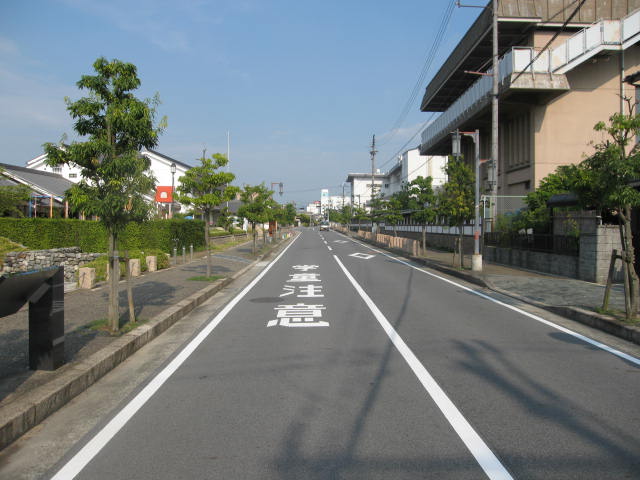 畝傍駅前通り線の西側から東側を写した街並みの写真