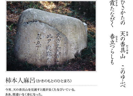 ひさかたの 天の香具山 このゆふべ 霞たなびく 春立つらしも(柿本人麻呂(かきのもとのひとまろ)今宵、天の香具山を見渡すと霞が長くたなびいている。ああ、間違いなく春になった。)という万葉歌と刻まれている石碑の写真