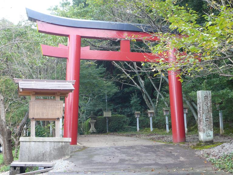 赤い鳥居と、林の中の参道の入り口の写真