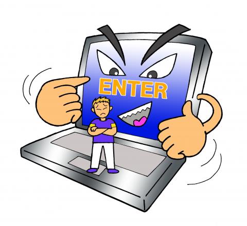顔と手がついているパソコンがENTERを人に押すように促しているイラスト