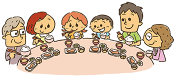 家族6人が食卓を囲むイメージイラスト