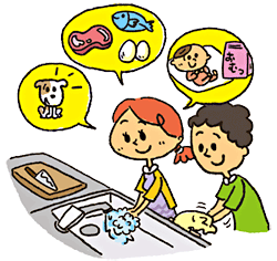 キッチンで調理前に手を洗うイラスト