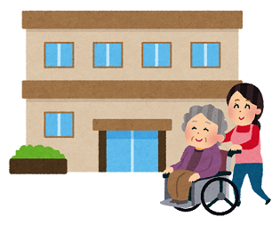 建物の前で車いすに載ったお年寄りを若い女性が笑顔で押しているイラスト