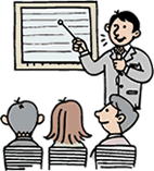 講演者が3人の聴衆の前でモニターを指し示しながら話しているイラスト