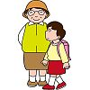 子どもの見守り活動を行っているおばさんとその前を歩いている小学生のイラスト