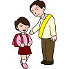 黄色いタスキをかけて誘導をする男の人とその前を歩く小学生の女の子のイラスト