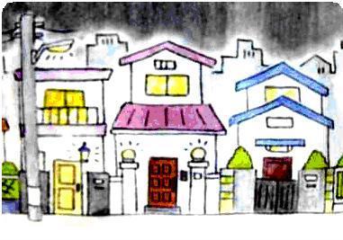 灯りがともった玄関や街頭のある街並みのイラスト