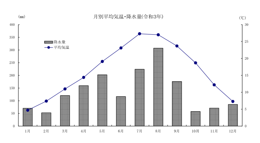 令和3年の月別平均気温・降水量の棒グラフと折れ線グラフ