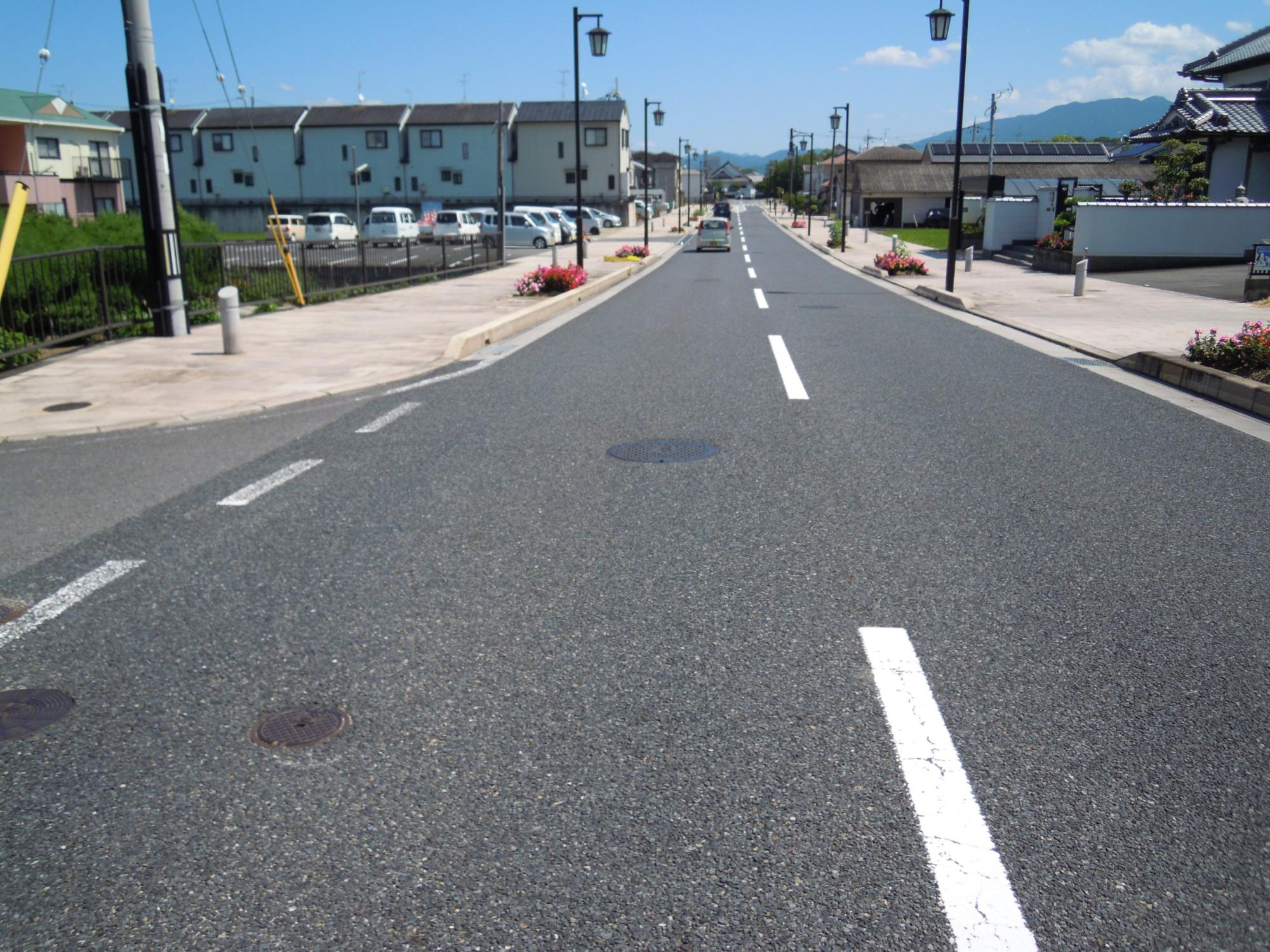 五井上橋の周辺の道路のそばに点在している赤い花が咲いている花壇の写真