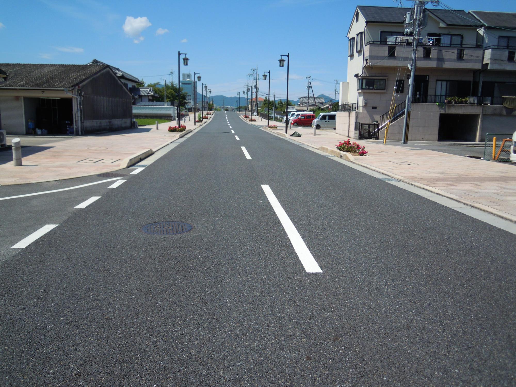 五井上橋の周辺の道路のそばに点在している赤い花が咲いている花壇の写真