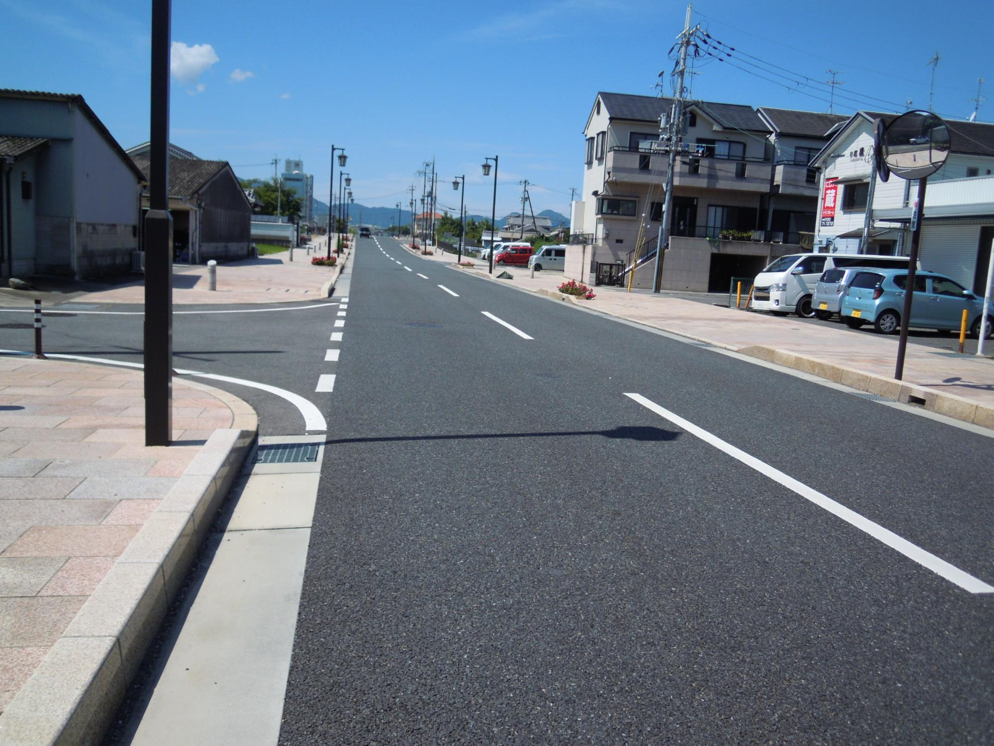 五井上橋の周辺の道路のそばに点在している赤い花が咲いている花壇の写真