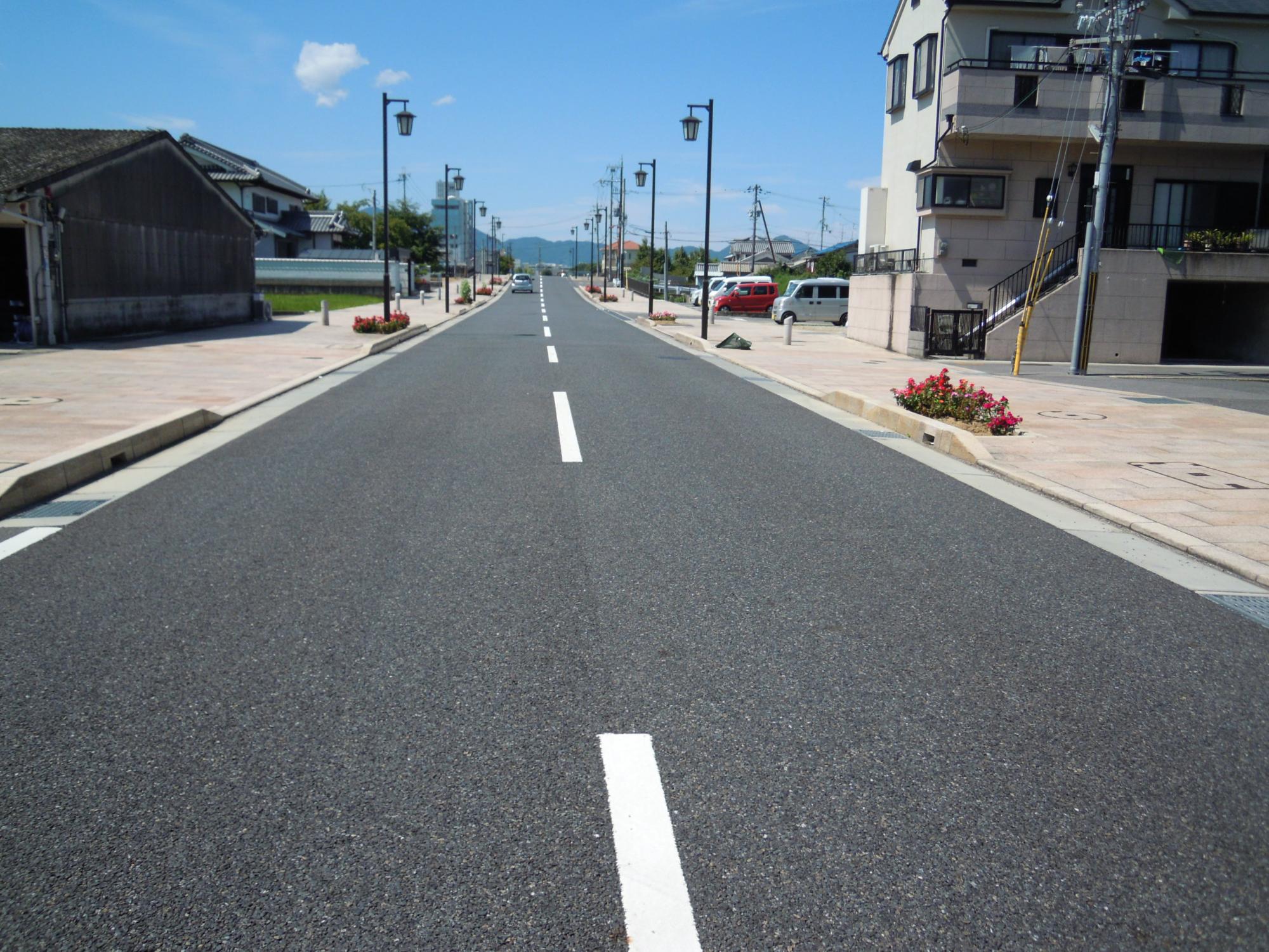 五井上橋の周辺の道路のそばに点在している赤い花が咲いている花壇の写真
