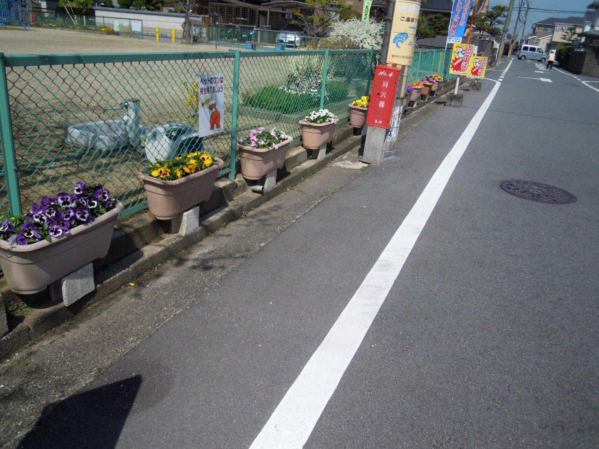 磐余団地児童公園の南側にある色とりどりの花が咲いている複数の植木鉢の写真