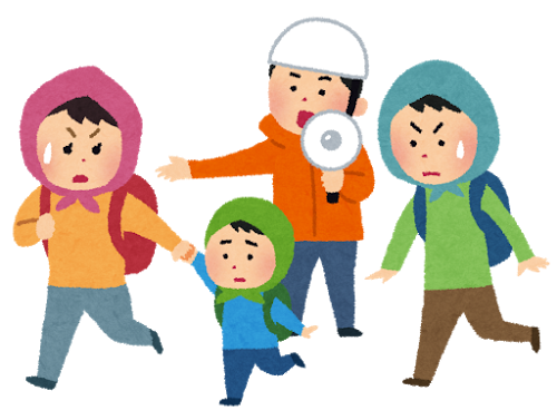 避難する3人家族と、メガホンで家族へ誘導の指示を出す男性のイラスト