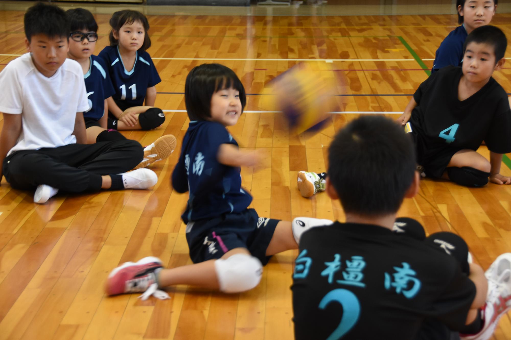 生徒が体育館でシッティングバレーボールを行っている写真