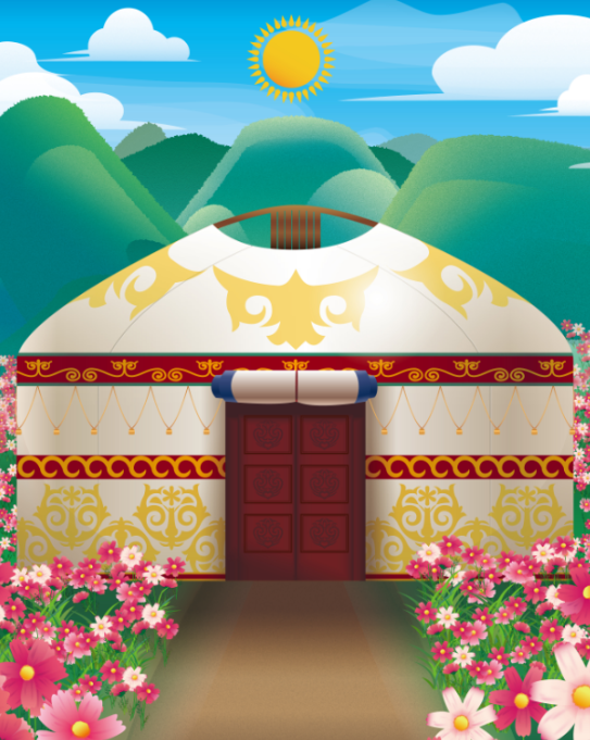 青空と山々、ピンク色の花やカザフスタンの伝統移動式住居が描かれた写真スポットの写真