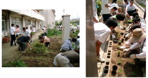 学校で植物を植えたりしている子供たちの写真