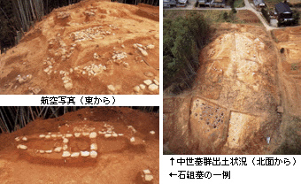 赤茶色の土に白いものが散らばっている写真が3つの視点で撮られている3つの写真