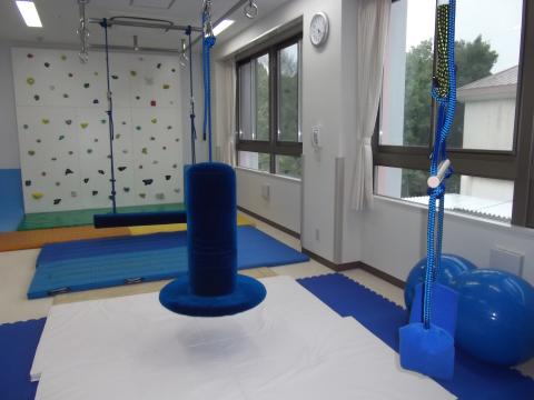 感覚統合訓練室内の抱きつきブランコなどの遊具が設置されている写真