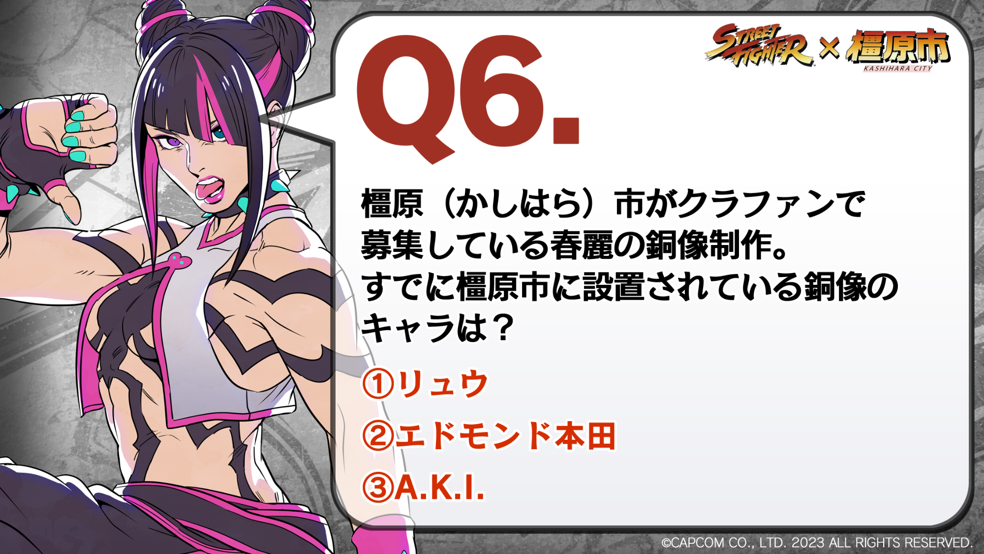 クイズ6問題:橿原市がクラファンで実施している春麗銅像制作。すでに設置されている銅像のキャラは?