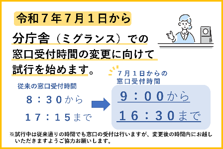 令和7年7月1日から分庁舎（ミグランス）での窓口受付時間の変更に向けて施行を始めます。7月1日からの窓口受付時間は9時から16時30分まで。施行中は従来通りの時間でも窓口の受付は行いますが、変更後の時間内にお越しいただきますようご協力をお願いします。