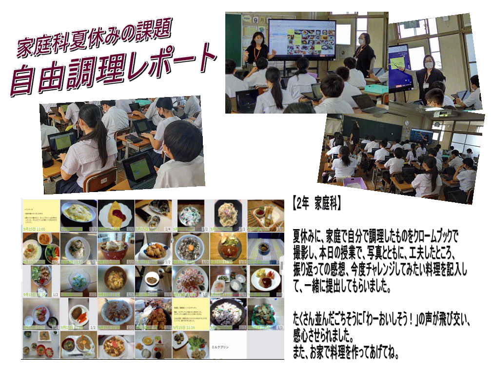 Chromebookを使用して家庭科夏休みの課題として自由調理のレポートを作成、発表する生徒たちの写真。