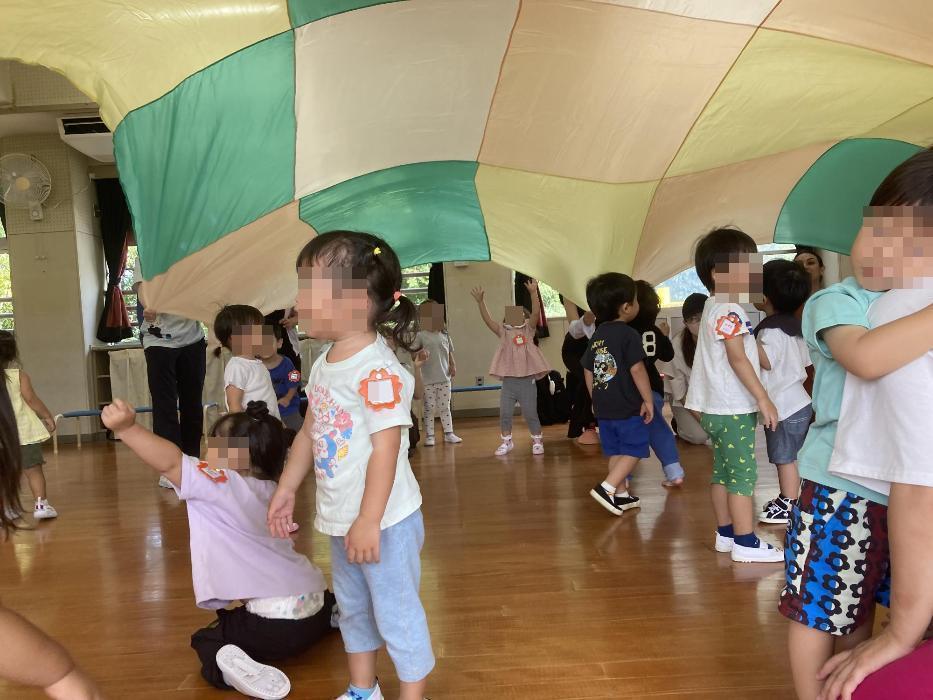 パラバルーンで遊ぶ幼児達の写真