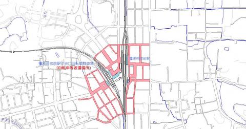 橿原神宮前駅周辺の地図、駅周辺の2,3区画分の道が自転車等放置禁止区域