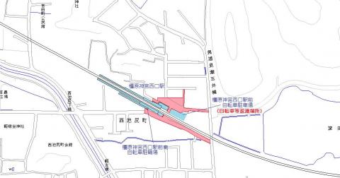 橿原神宮西口駅周辺の地図、駅の北と南の一部のエリアが自転車等放置禁止区域