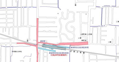 真菅駅周辺の地図、地図の西側を中心に十字の道が自転車等放置禁止区域