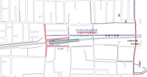 耳成駅周辺の地図、駅を挟む道と西側の縦の道が自転車等放置禁止区域
