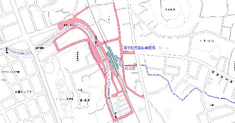 岡寺駅周辺の地図、駅周辺の川を挟んだ向こうの道路や数区画分のエリアが自転車等放置禁止区域
