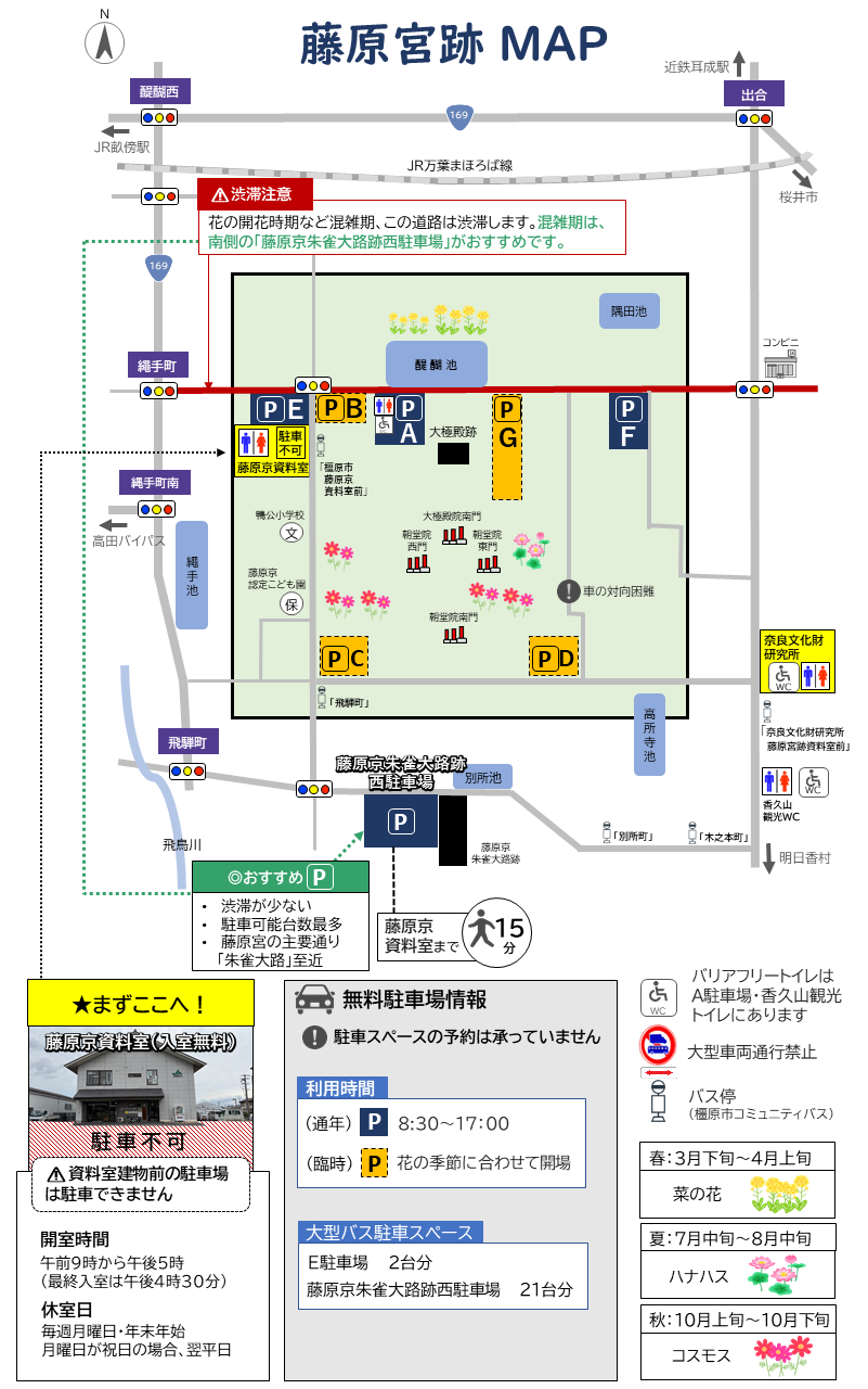 藤原宮跡の駐車場・トイレ案内マップ