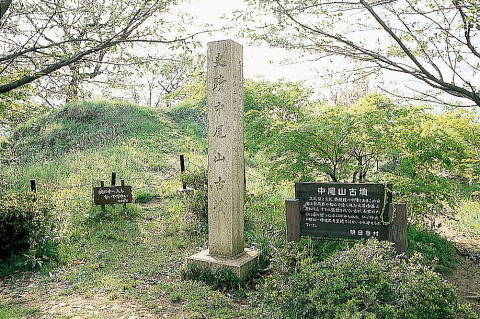 木々に囲まれた中尾山古墳の石碑とモニュメントが置かれている様子を撮影した写真