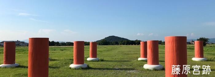 緑の藤原宮跡と列柱