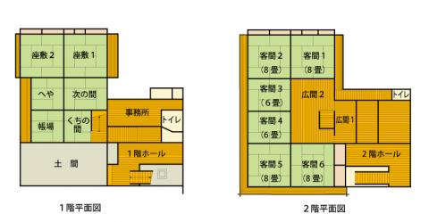 八木札の辻交流館の1階と2階の平面図