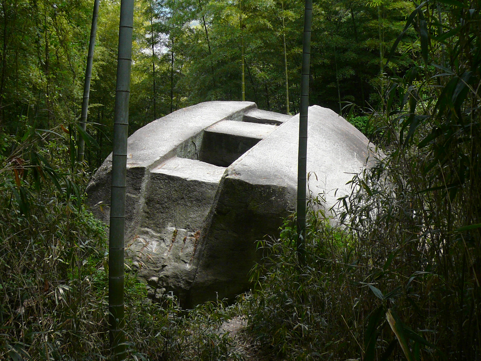 凹みと窪みがある大きな石が林の中にある写真