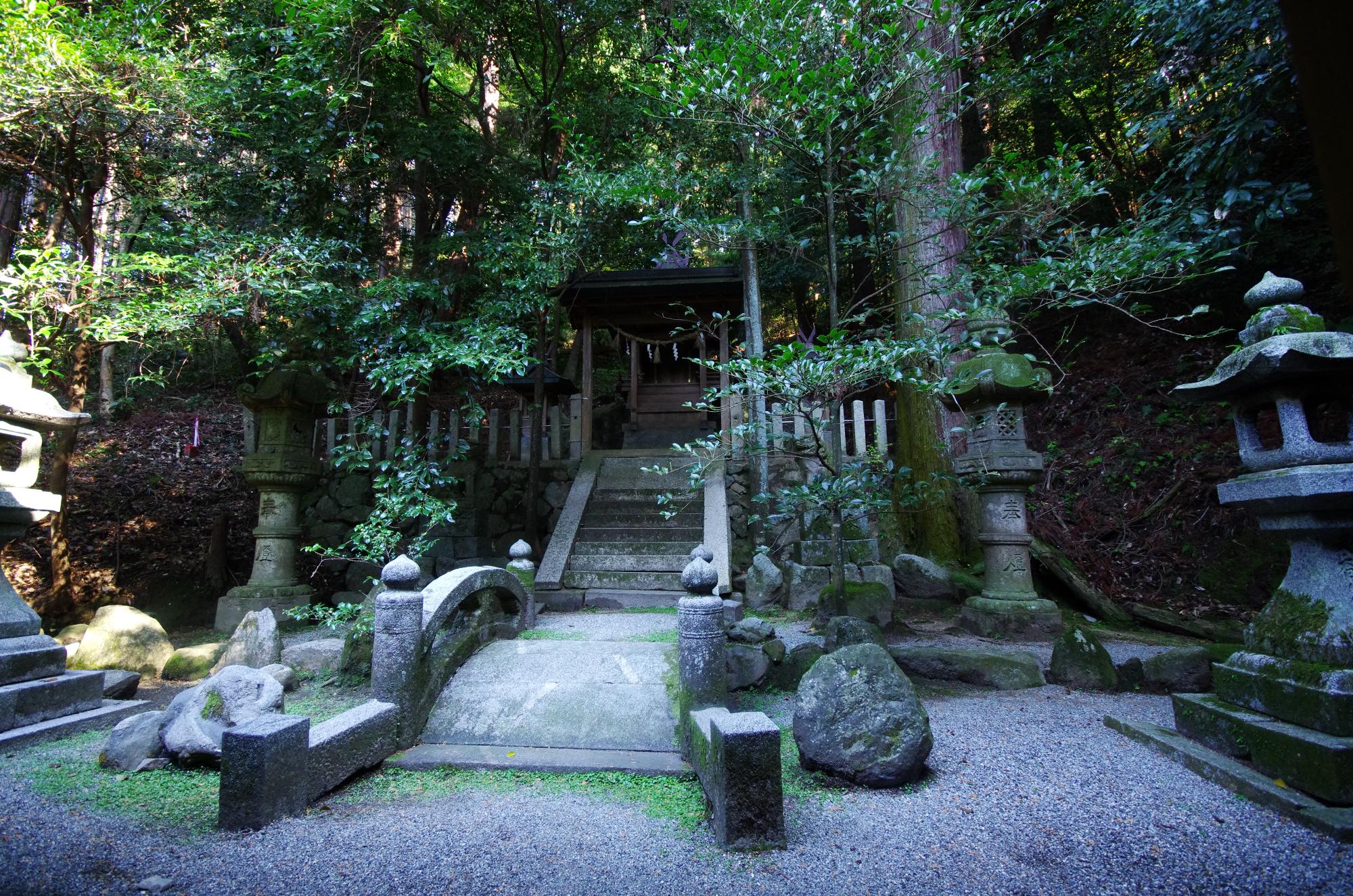 石の灯籠が4つ並ぶ石の道と、鳥居が並ぶ石の階段が林の中に続いている写真