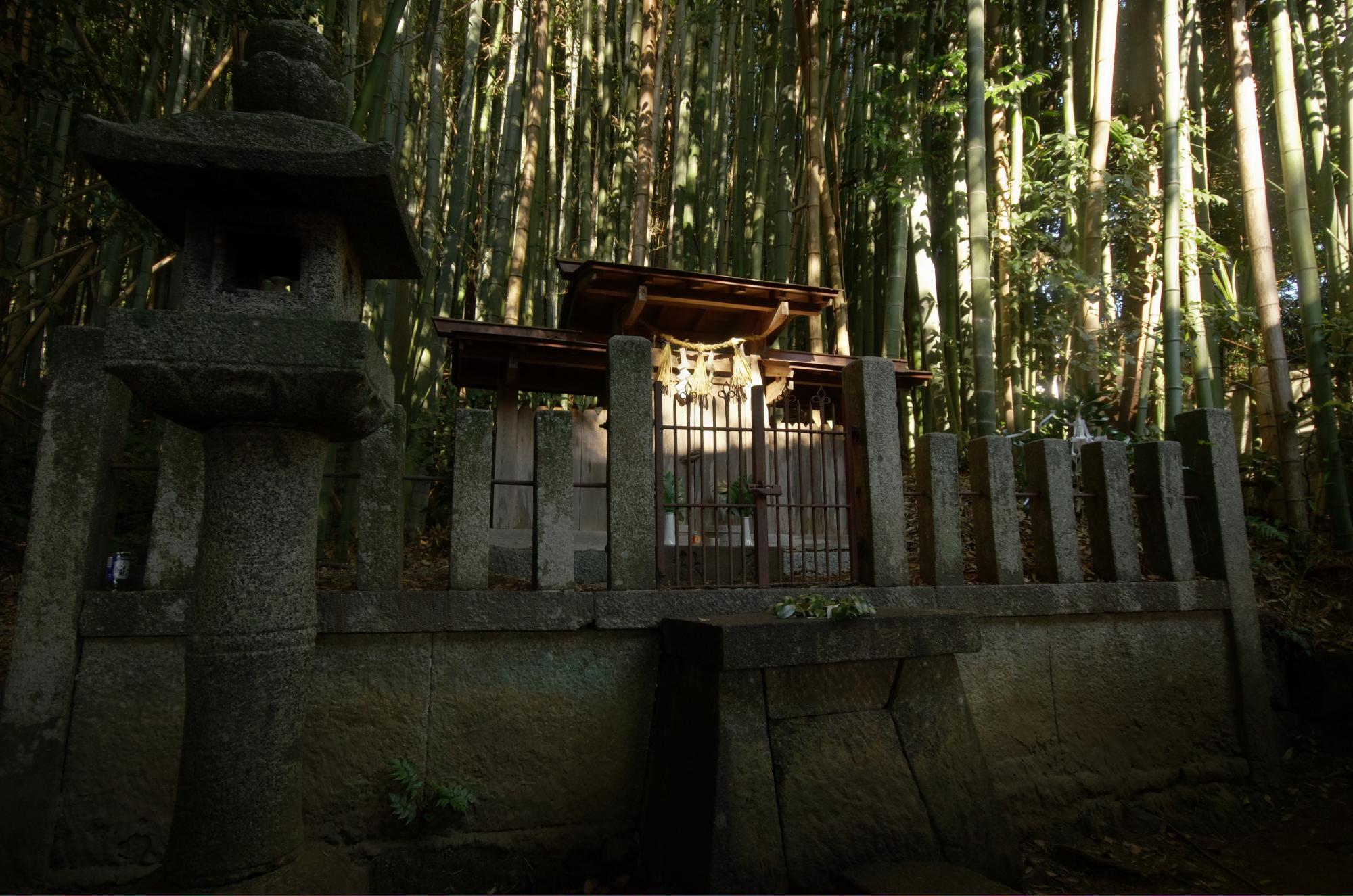日陰が竹藪の中にある、石の柵に囲まれた祠の写真