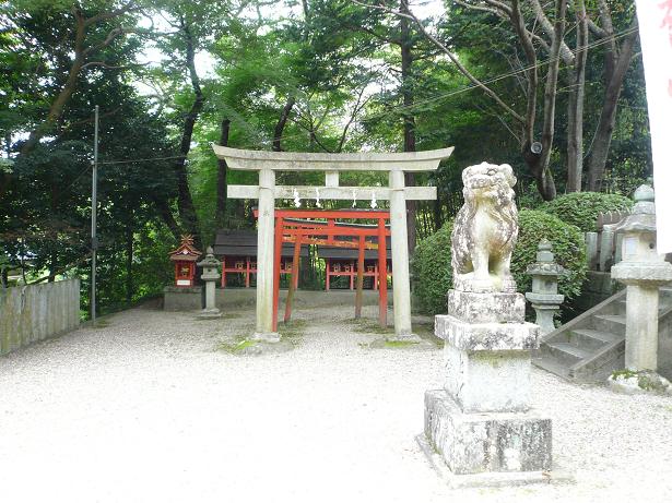 口を閉じた狛犬と、神社の脇の道に鳥居が3つ建てられている写真