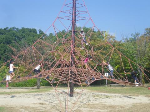 中央に大きく写された、縄で組まれたくもの巣のようなジャングルジムと、それを登って遊ぶ子どもたちの写真