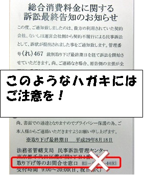 総合消費料金に関する訴訟最終告知のお知らせというタイトルの架空請求はがきの上に、このようなハガキにはご注意を！と書かれたイメージ