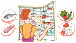 女性が冷蔵庫の中を確認するイラスト