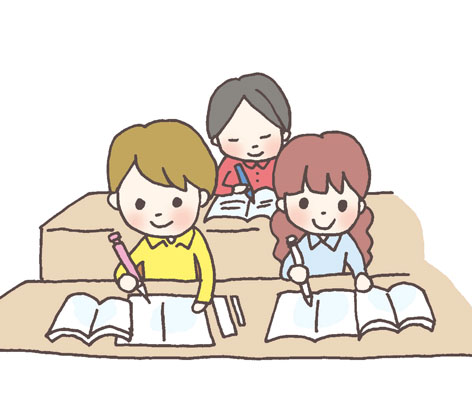 勉強している3人の子どものイラスト