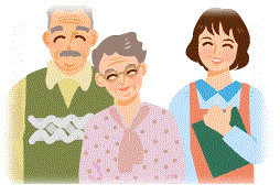 介護支援員と介護を受けられている老夫婦のイラスト