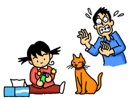 こどもがライターで遊んでおり、後ろで男性が慌て、近くの猫が焦っているイメージイラスト。