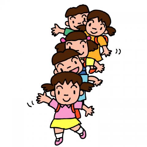5人の子どもが列を成して手を振っているイラスト