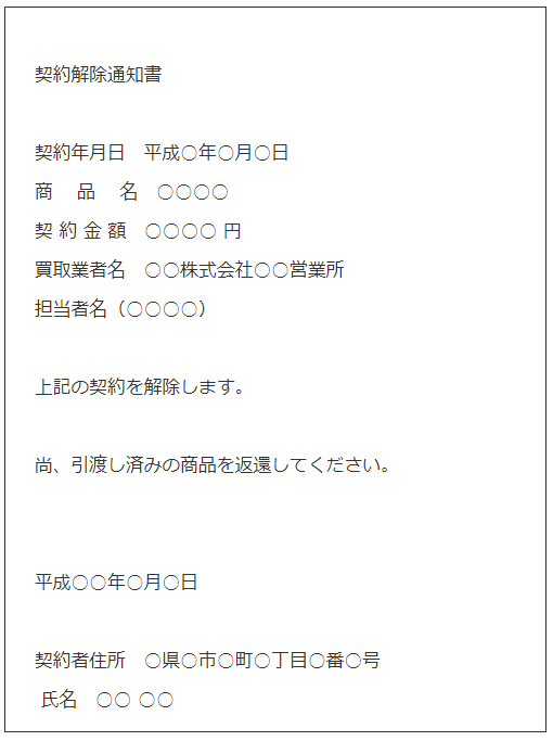 買取「契約解除通知書」書き方の例