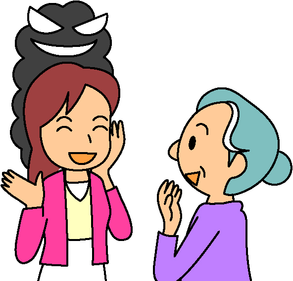 高齢女性を笑顔でだまそうとする女性のイラスト